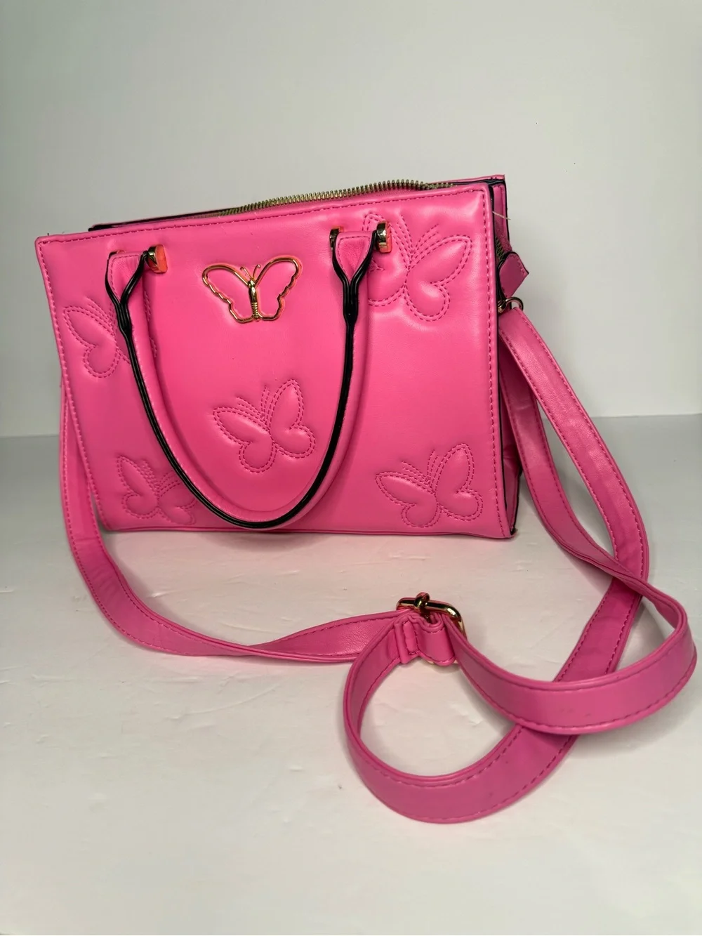 Pink Butterfly Embossed Crossbody Satchel